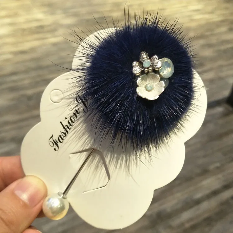 Dark Blue Brooch I-Remiel, женская мода, шарик из меха норки, женский цветок, длинная игла, брошь на булавке, шарфы, цинковый сплав, жемчужные булавки и броши, платье для рубашки - Окраска металла: Dark Blue Brooch