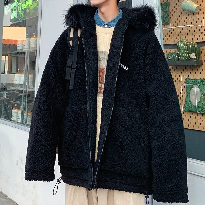 Winter Lamb Hair Jacket Men Warm Thick Parka Men Fashion Solid Color Fur Collar Hooded Coat Man Streetwear Loose Cotton Clothes