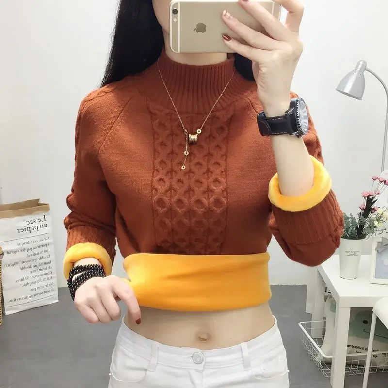 2019 winter new plus velvet thick loose sweater female solid color bottoming sweater 698