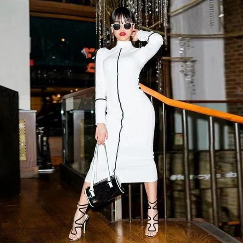 

Winter Autumn Casual Women Dress Long Sleeve Turtleneck Bodycon Long Dress Streetwear Patchwork White Party Club Dress Vestidos
