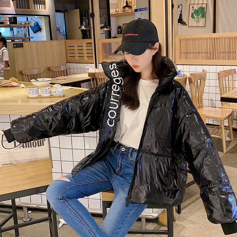 

Photo Shoot 2019 Winter down Jacket Women's College Style Bright Surface Cotton-padded Clothes Student Harajuku BF Short Coat