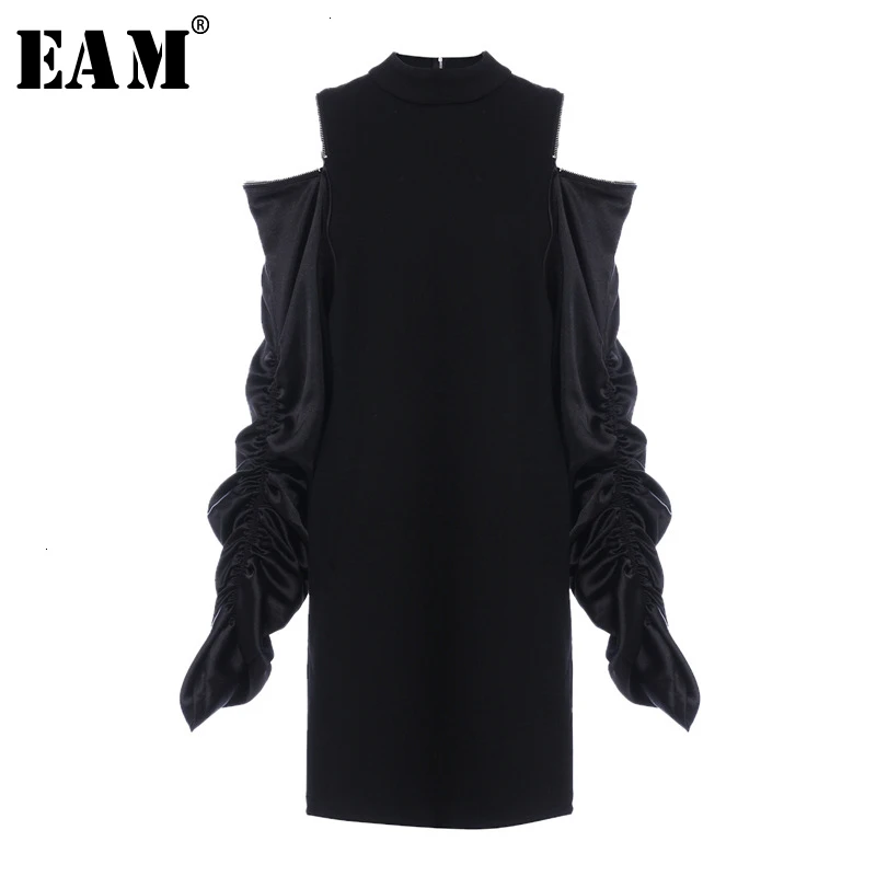 [EAM] женское черное платье с оборками, с открытыми плечами, на молнии, новинка, круглый вырез, длинный рукав, свободный крой, мода, весна-осень, 1M977