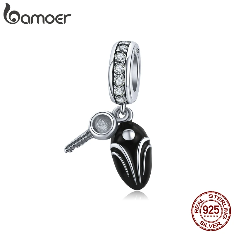 

bamoer Silver 925 Car Vehicle Key Pendant Charm for Original Bracelet Bangle Blace Enamel 925 Sterling Silver DIY SCC1429