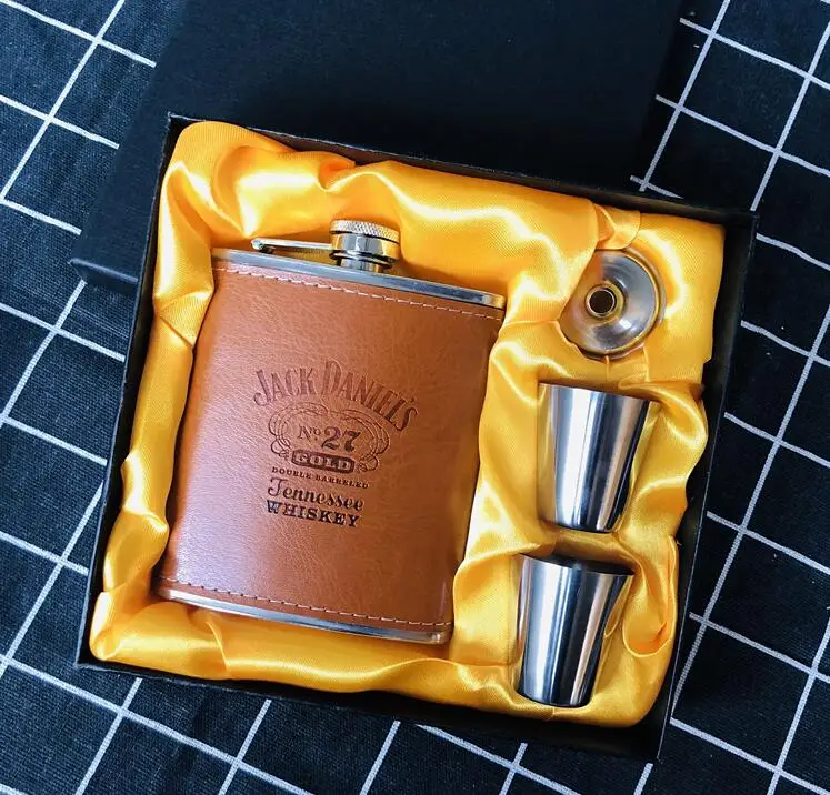 yellow-jack-set-silk Мини 7 унций обернутая искусственной кожей металлическая кувшин для виски cccp нержавеющая сталь 304 спиртовая Воронка фляжка набор с черной подарочной коробкой LPPUNK - Цвет: yellow-jack-set-silk