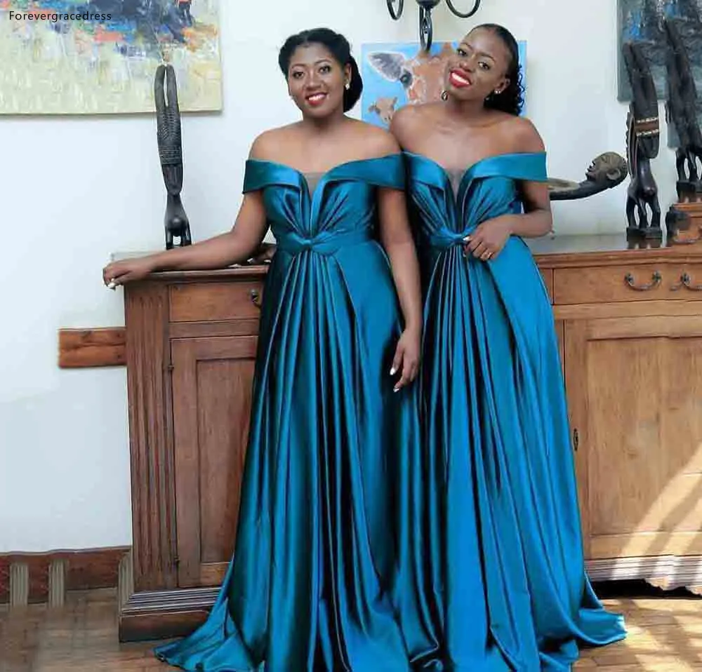 

South African Satin Bridesmaid Dresses Off the Shoulder A Line Sweetheart Floor Length Wedding Guest Gown Plus Size