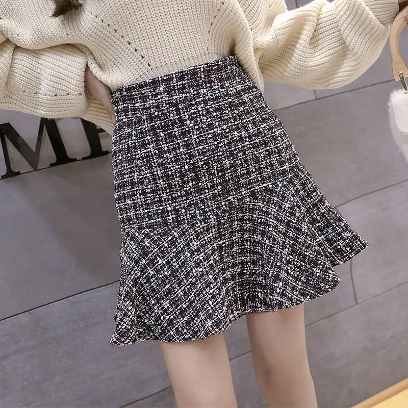 black no button New Korean of High Waist Tweed Skirt with Button Wool Half-length Black Skirt Autumn Winter - Цвет: black no button