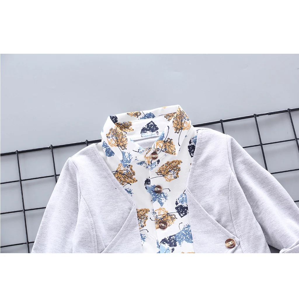 Toddler Baby Boys Fashion Gentry Clothes Sets Kids Boy Long Sleeve Print Formal Party Christening Wedding Tuxedo Bow Suits