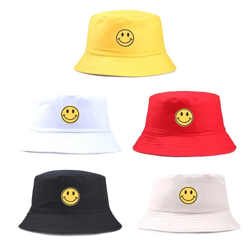 Summer Women Mens Panama Bucket Hat Smile Face Design Flat Sun Fishing Fisherman Bob Hat Hip Hop Cap