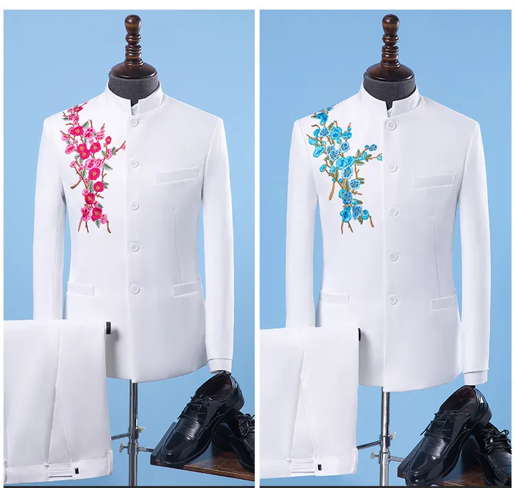Китайский Стиль Для мужчин, с цветочным принтом, костюм блейзеры с вышивками, комплект со штанами, комплект из двух предметов; костюм на