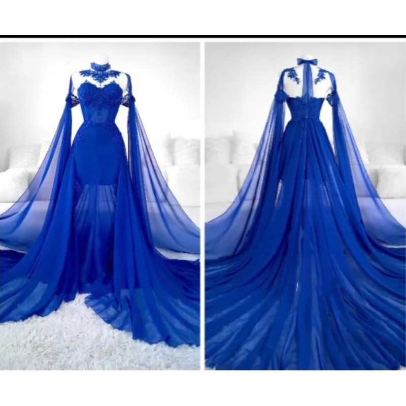 

Elegant Royal Blue Mermaid Evening Dresses High Collar Very Long Sleeves Sexy See Thru Prom Gowns Lace WVestidos De Festa