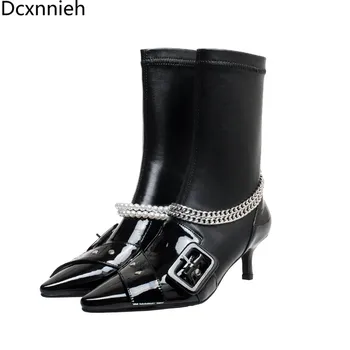 

New Black Pointed Toe Metal Chain Chelsea Boots Woman Genuine Leather High Heels Ankle Boots For Woman 2020 Motorcycle Boots