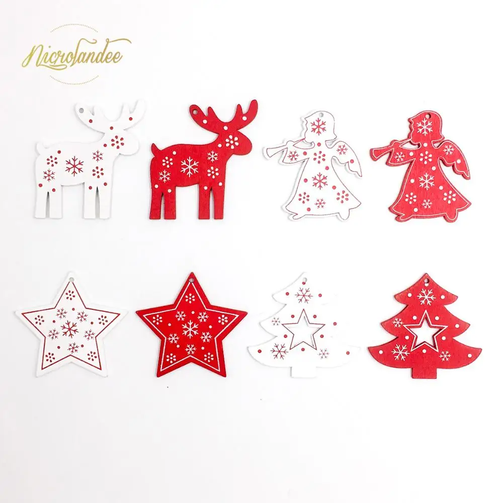 

NICROLANDEE 5 pcs/set White Red Wooden Christmas Ornaments Pendants Wood Crafts Hanging Xmas Tree Kids Gift Party Decorations