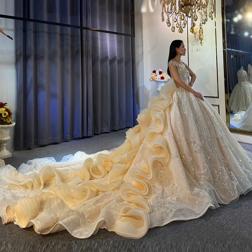 Sparkling Crystal Beaded Wedding Dresses With Long Flouncing Train Ball Gown Church Bridal Wedding Party Gown In Dubai 2