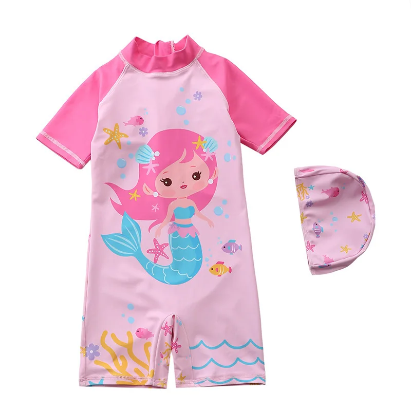 Children Swimsuit Baby Girl Unicorn Mermaid Girls Swimwear One Piece with Short Sleeve Sun Protection Swimming Suit Bath Suits