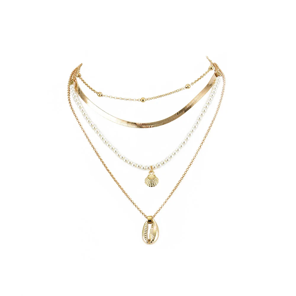 2025 Women Fashion Ladies' Bohe style pendant vintage multi-layer artificial pearl snake shell necklace, gold, gift jewelry_voghion.com