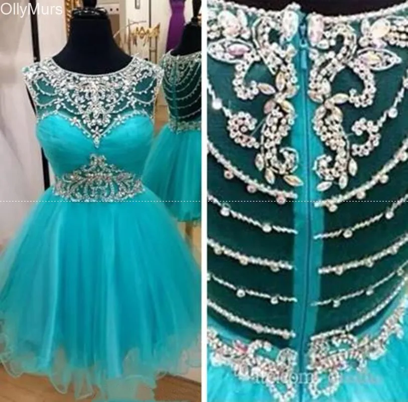 Custom Crystal Beaded Short Homecoming Dresses A-Line Tulle Mini Party Formal Gown Graduation Cocktail Dress With Illusion Back
