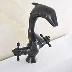 Black Oil Rubbed Bronze Swivel Spout Dual Cross Handles Cute Animal Dolphin Style Bathroom Kitchen Sink Faucet Mixer Tap msf842