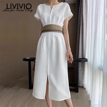 

[LIVIVIO] Summer Women's Retro O-neck White Waist Dress Long Section Cotton Commuter Wind Dress