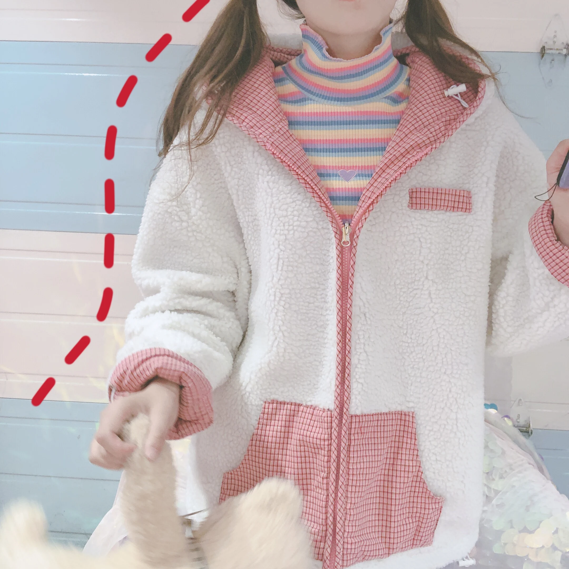 Осень и зима для женщин сращивания Цвет плед пальто Kawaii кардиган свитер милый с капюшоном утолщение мягкий сестра овечьей шерсти верхняя одежда