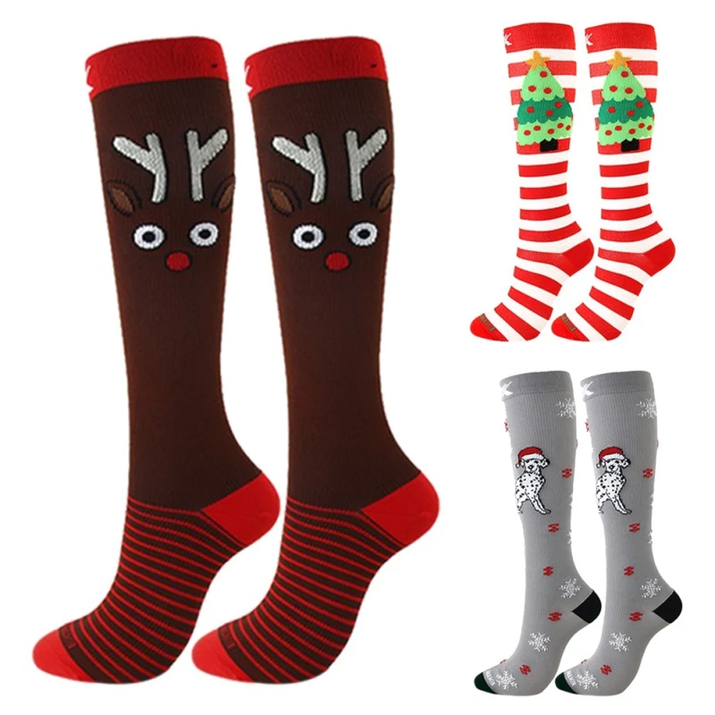 2019 New Christmas Compression Stockings Pressure Socks Compress Elk Women Men Pattern Elastic Knee-High Running | Спорт и
