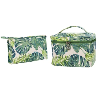 

2x Canvas Makeup Bags Womens Cosmetic Pouch Travel Clutch Purse Green Leaves Handbag Organizer with Zipper,Square & Bucket Type