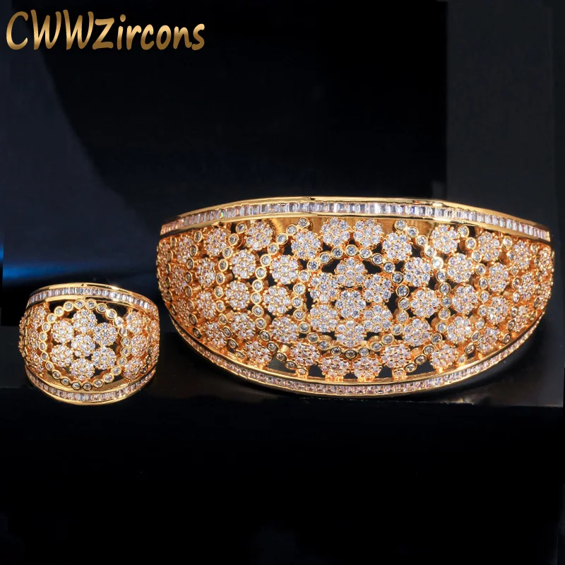 CWWZircons супер роскошный Дубай золотой цвет блестящий цветок кубическая циркониевая подвеска Большой браслет и кольцо набор для свадьбы невесты Вечерние T372