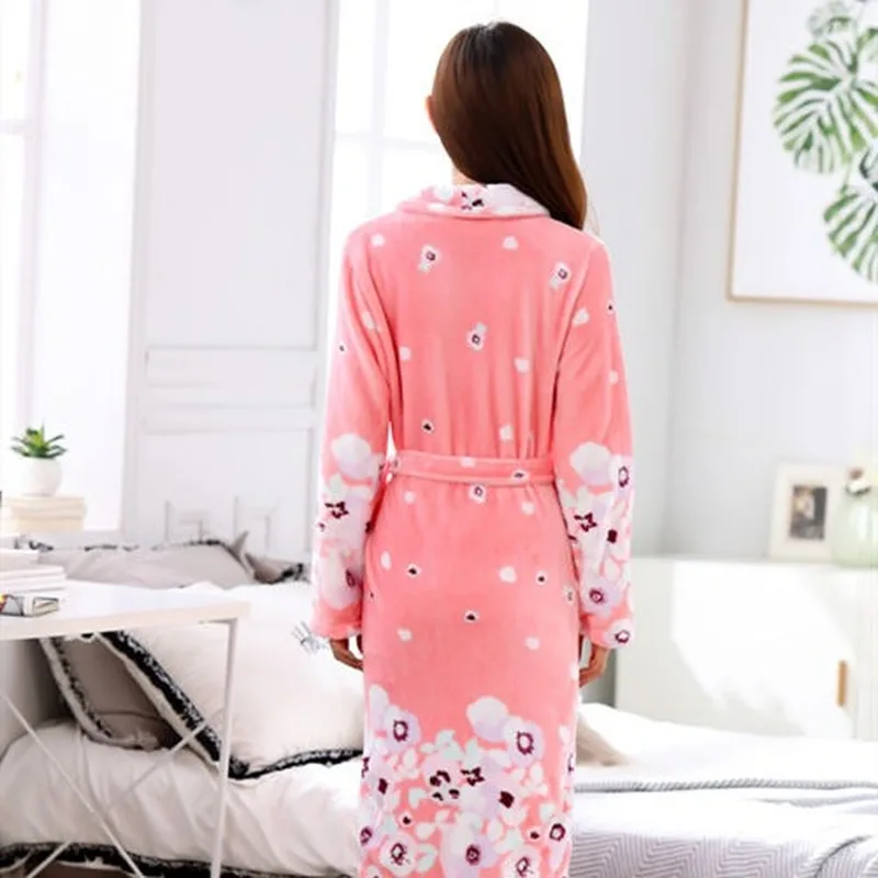 Women Robes Flannel Winter Warm Thickening Homewear Lace Up Print Coral Fleece Soft Comfortable Bathrobe Nightwear Ulzzang Loose