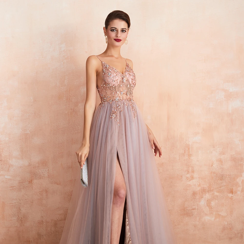 Sexy Spaghetti Straps Evening Dresses 2020 New Arrival V-Neck Rhinestones Beading Formal Prom Gowns with Slit robe de soiree