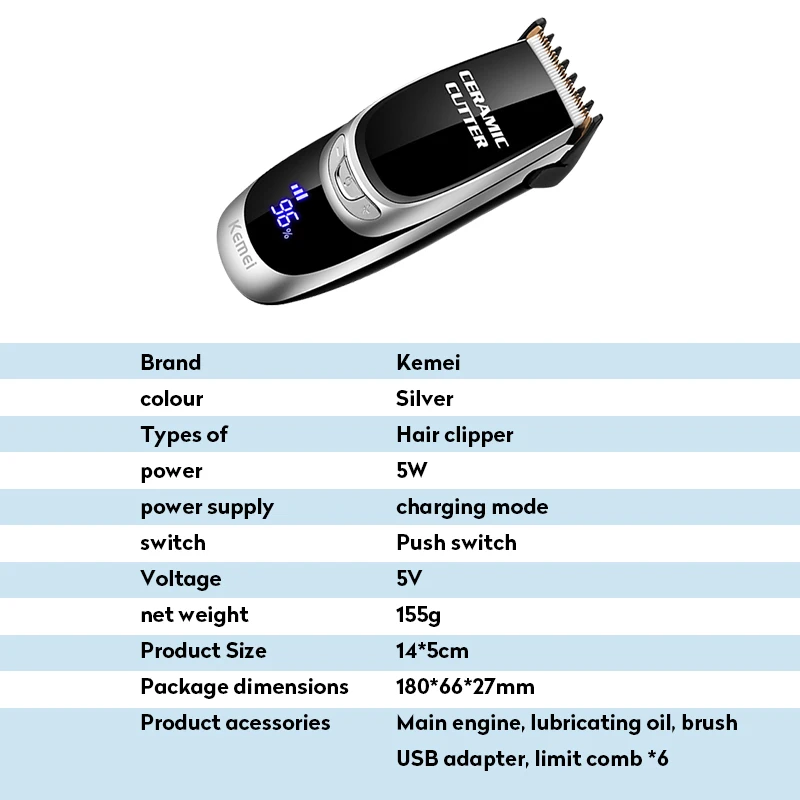 Kemei USB Перезаряжаемый мужской триммер для волос, портативная машинка для стрижки волос с ЖК-дисплеем, регулируемое керамическое лезвие, машинка для стрижки бороды, бритва