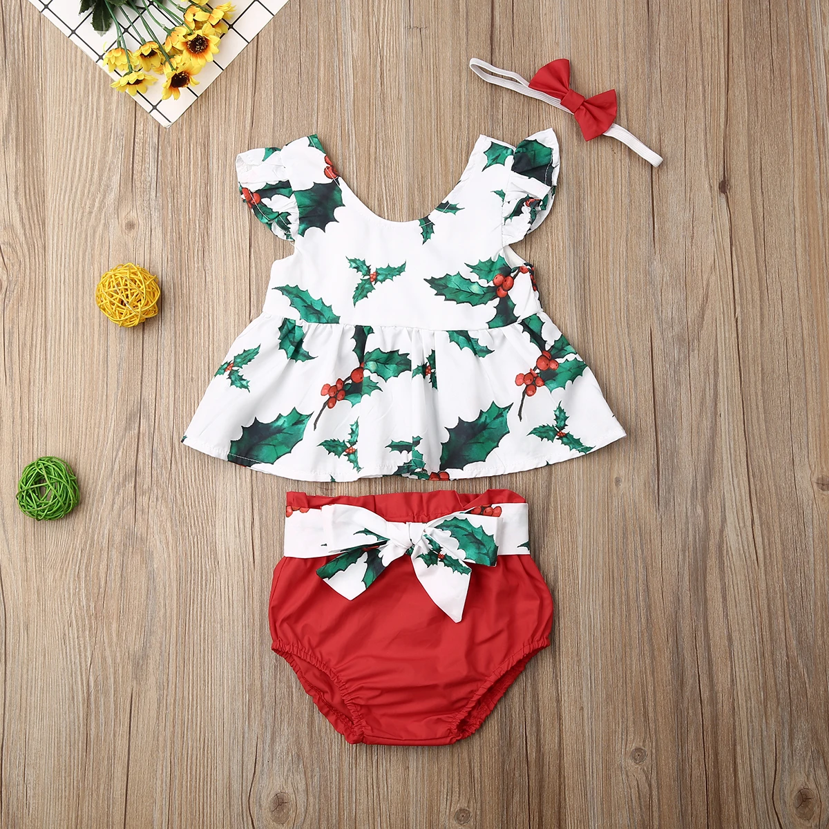 0-24M Newborn Baby Girls Xmas Playsuit Toddler Outfits Set Romper+Short Pants+Headband