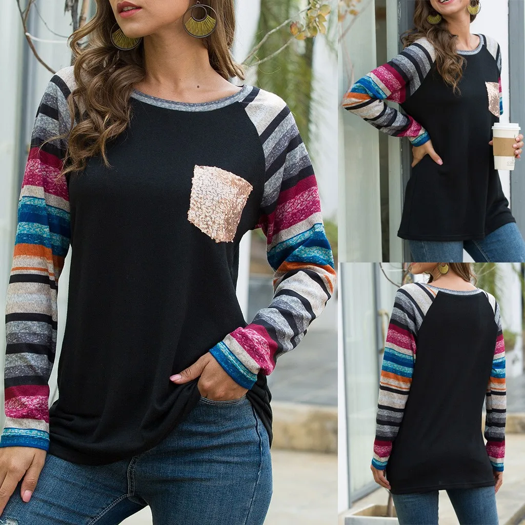 Винтажные camisas mujer женские футболки с круглым вырезом и длинными рукавами в разноцветную полоску, повседневные топы с пайетками и карманами, ropa mujer poleras