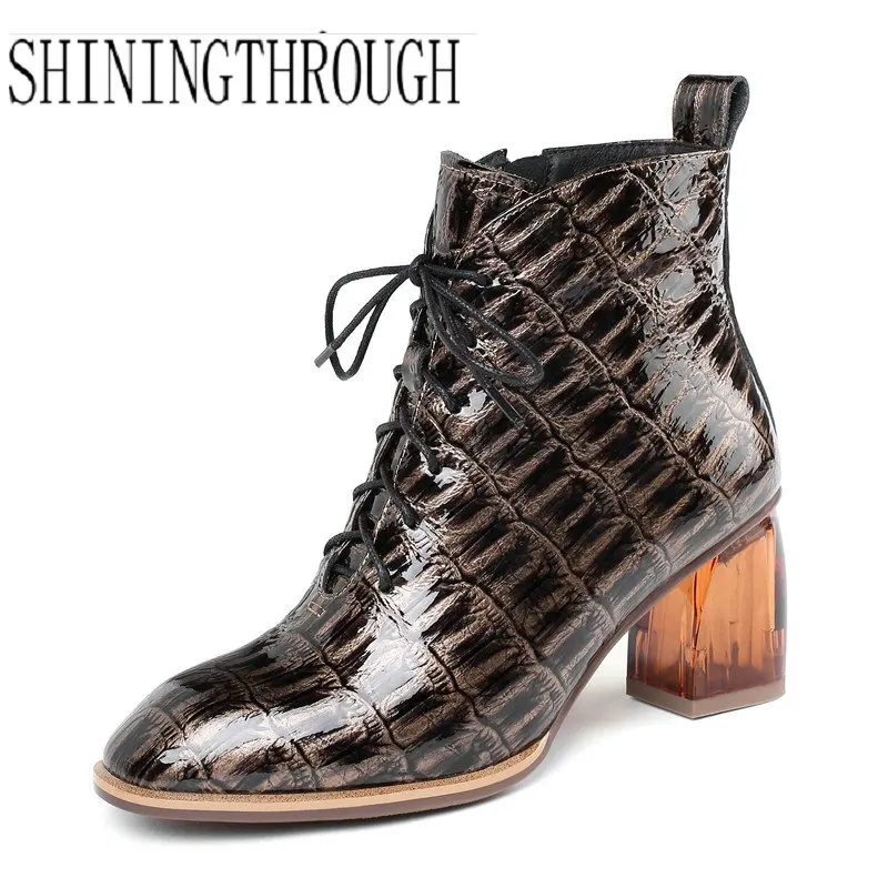 

2019 New Autumn Winter Quality Cow Leather Women Ankle Boots Lace Up High Heels Short Boots Party Shoes Woman size 34-42