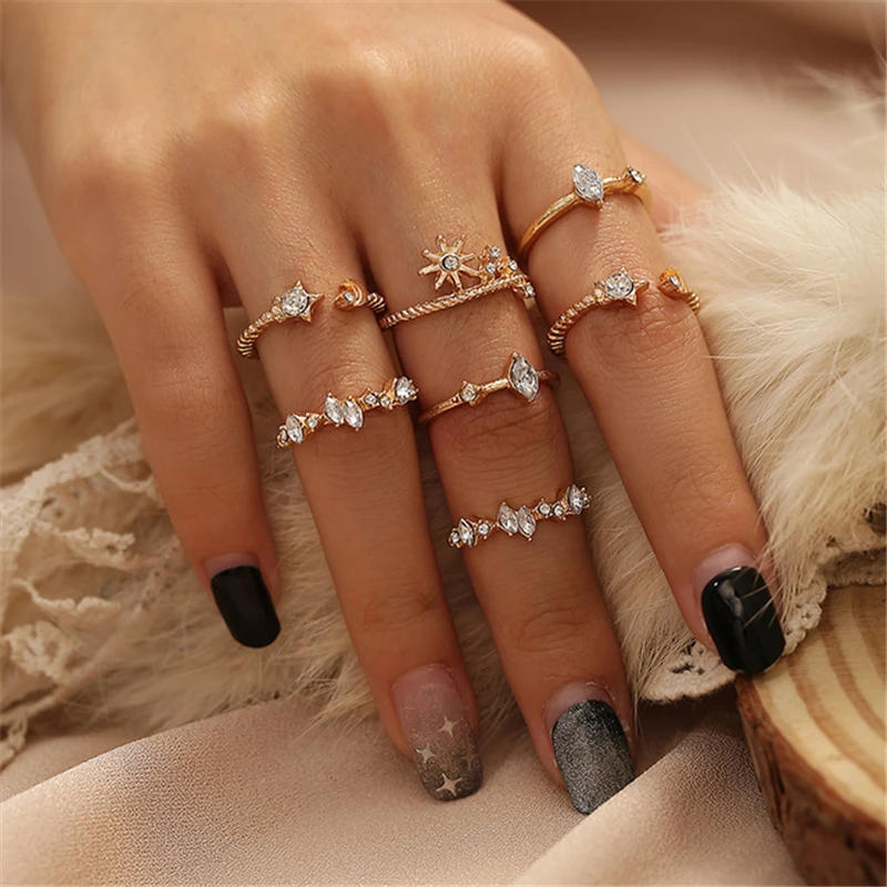 New Bohemian Crystal Star Moon Rings for Women 2021 Fashion Vintage Knuckle Finger Gold Set Female Jewelry Gifts | Украшения и