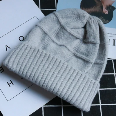 Light Gray Зимняя винтажная вязаная женская шапка Skullies, однотонная женская бини, шапки с настоящим помпон из лисьего меха Gorro; теплый лыжный головной убор для девочек, новинка года - Цвет: Light Gray