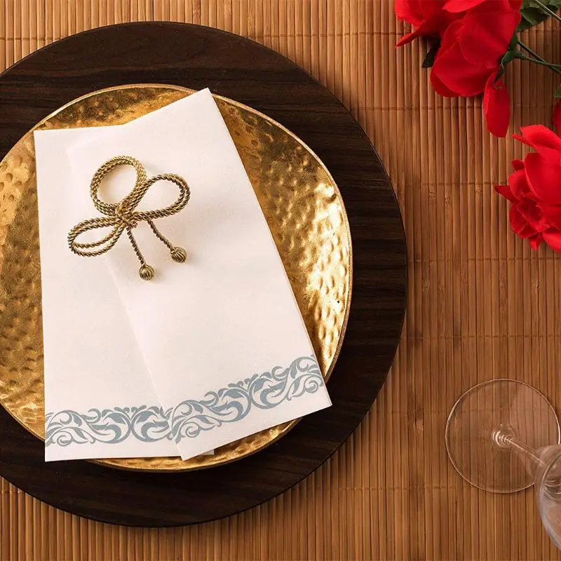 Disposable Linen-Feel Guest Towels-Decorative White Hand Towels, Silver Floral Cloth-Like Paper Napkins