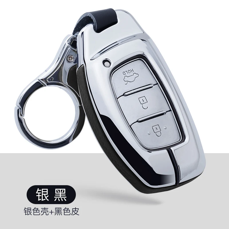 Кожаный чехол для ключей из цинкового сплава для hyundai IX25 IX35 I20I30I40 hb20 Santa Fe Creta Solaris 3 кнопки - Название цвета: A-silver black