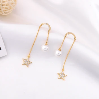 

BALANBIU Luxury Zircon Stars Delicate Glass Pearl Arch Tassel Drop Earrings Gold Color Brass Fashion Jewelry Women Wedding Gifts