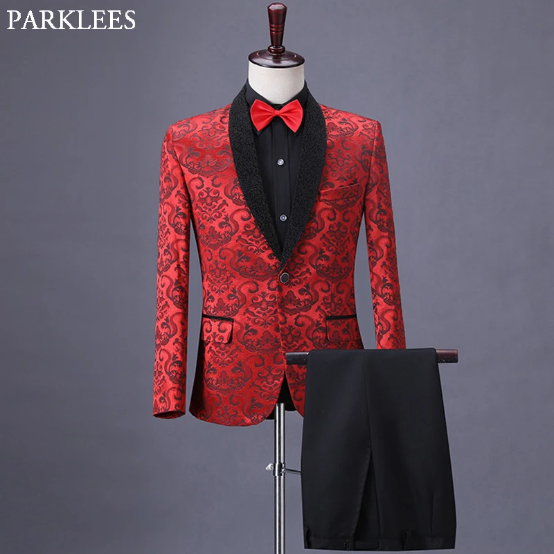 

Mens Floral Jacquard One Button Suits Shawl Collar Slim Fit Stylish Suit Male Party Wedding Grron Costume Homme Mariage Red 4XL