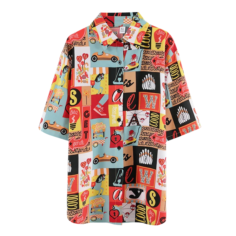 Casual Summer Shirts Women 2020 Boho Cartoon Print Stretch Beach Shirt Ladies Tunic Loose Party Blouses Woman Red Tops Plus Size
