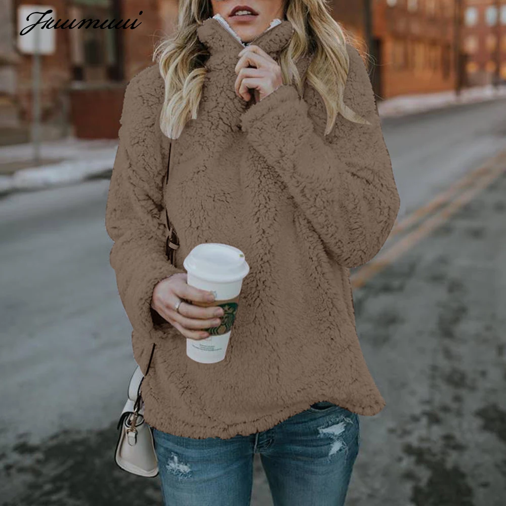 

Fuumuui Autumn Winter Fleece Coat Women Thicken Warm Pullover Sweatshirt Teddy Fur Soft Jacket Solid Casual Female Coat Outwear