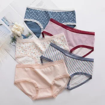 

Women Lace Houndstooth Cotton Mid-Rise Sexy Panties pink Fashion flower Girl Solid Briefs cute Female Underwear ladies Lingeries