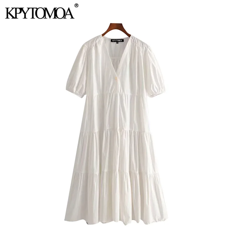 KPYTOMOA Women 2020 Elegant Fashion Pleated Midi Dress Vintage V Neck Short Sleeve Female Dresses Casual Vestidos Mujer