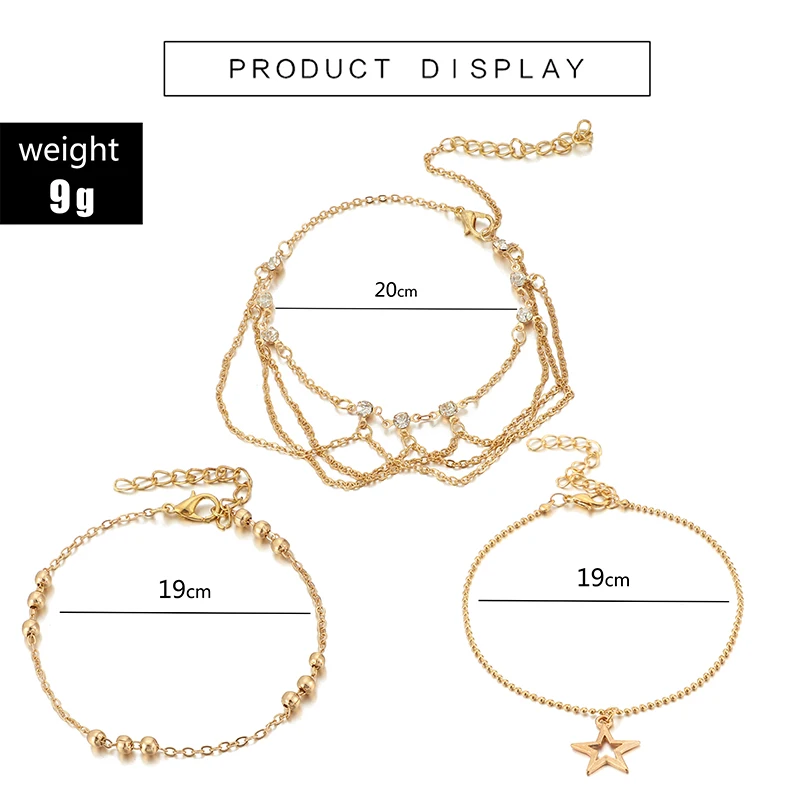 Docona Boho золотой цвет кристалл звезда цепи многослойный ножной браслет набор для женщин Регулируемый Бисером ножные браслеты ювелирные изделия для ног 8143