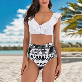 

Women Two Piece Plus Size Sexy bikini set Backless swimsult Halter summer Beach Ruffle Print Swimwear Set biniki 2020 #g4