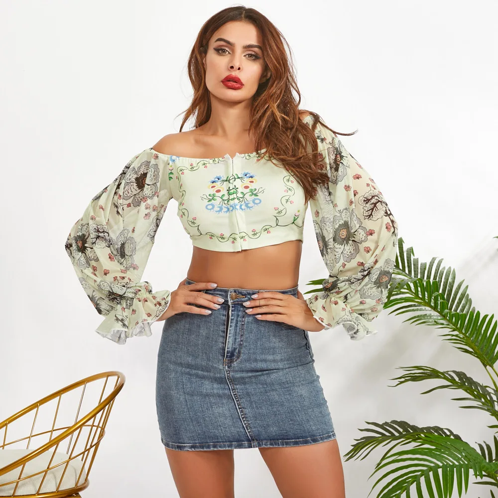 Whatiwear Летняя женская сексуальная тонкая с открытыми плечами с пышными рукавами с цветочным принтом, топы, футболка, уличная одежда кроп-топ, женская блуза