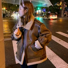  Women Faux Leather Fur Coats Sheep Leather Shearling Thicken Jacket Lady Fashion Long Sleeve Zipped Outerwear Winter Warm Coat 