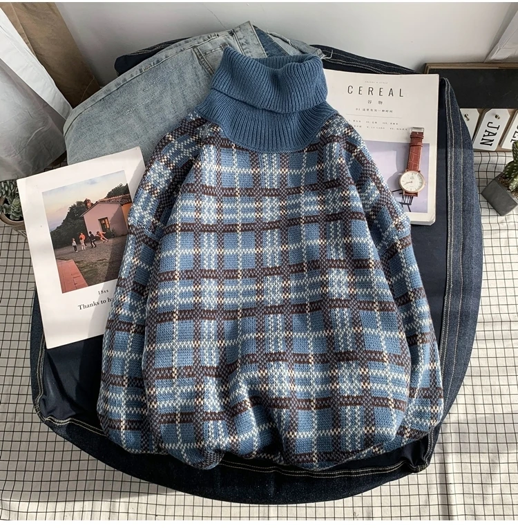 Winter Turtleneck Sweater Men's Warm Fashion Casual Retro Knit Pullover Men Streetwear Plaid Sweater Male Sweter Clothes