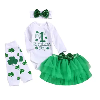 

2020 Newborn Clothes My First Patrick's Day Infant Baby Boy Girl Tops Clover Skirt Foot Cover Suit