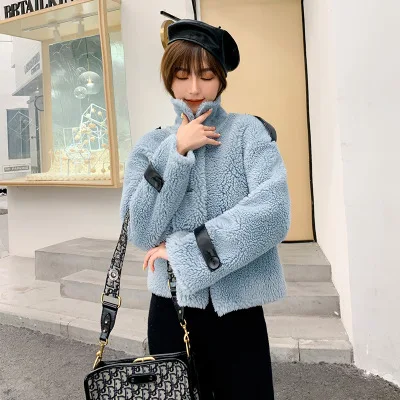 Casual Korean Version New Special Sheep Shearing Faux Fur Coat Female Thicken Lamb Fur Coat Women Short Paragraph ZZZ067 - Цвет: Blue