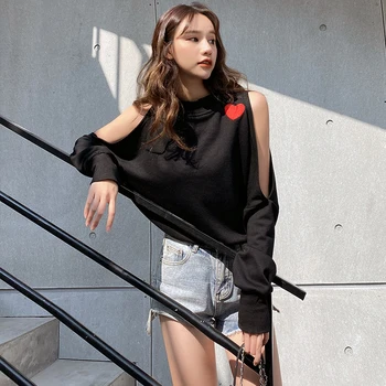 

New Fall Hoodies Women College Hoodies Loose Round Neck Pullovers Sexy Off-shoulder Hoodies Sweet Love Embroidery Hoodies